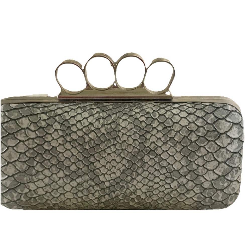 Expressions NYC Snake Print Clutch Gray Vegan Leather Evening Bag Chain Strap - Picture 2 of 5